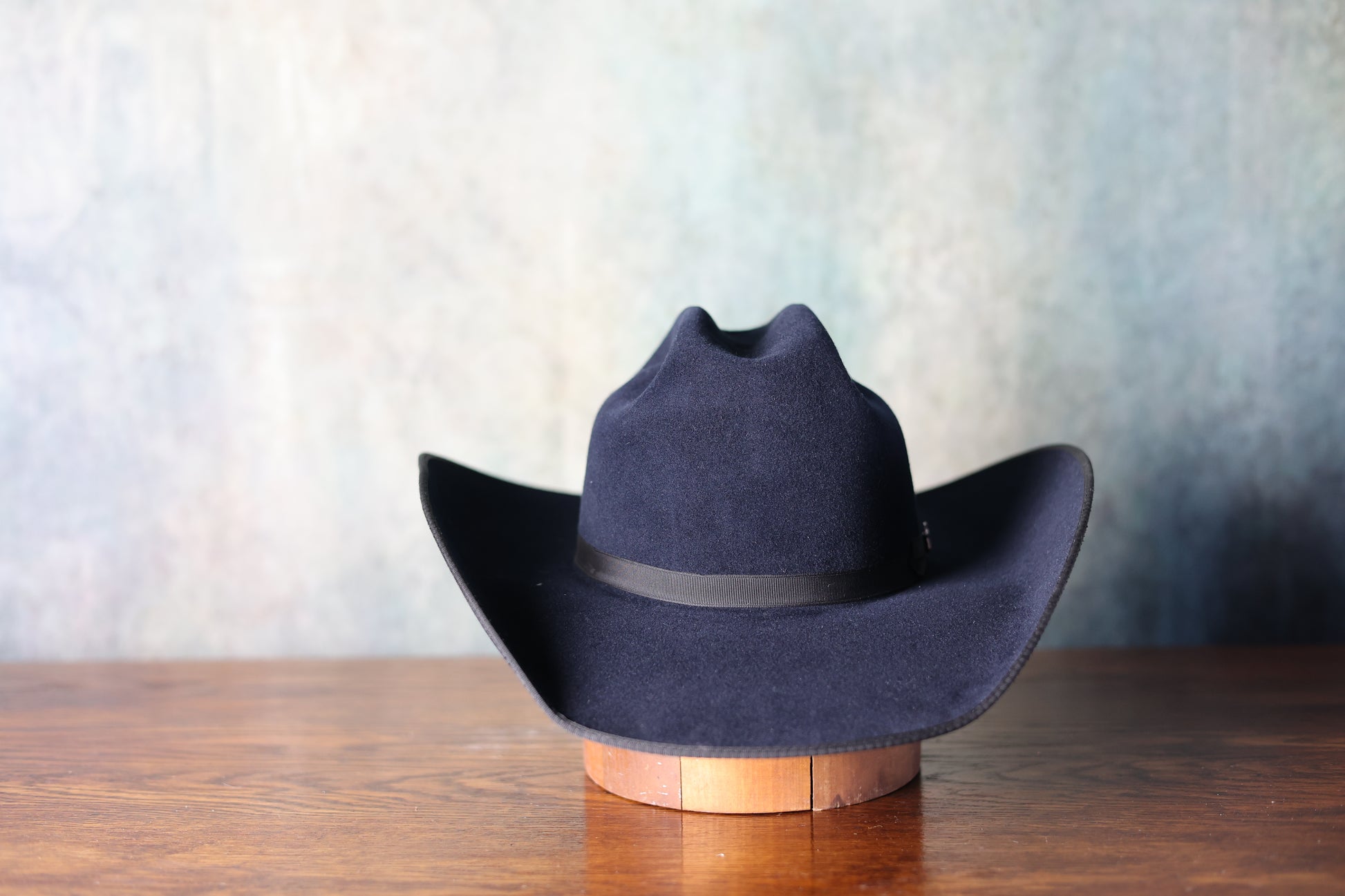 Front-facing photo of the Friday the 13th “The River Rat” Limited Edition Cowboy Hat from Greeley Hat Works with Bayou Blue felt and black band