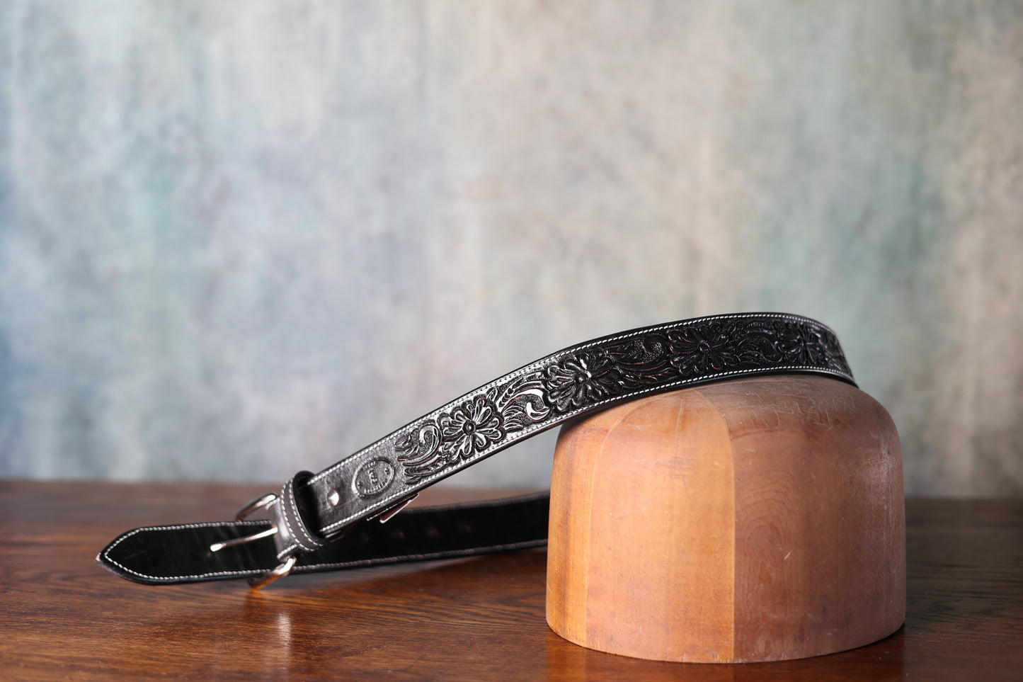 Texas Saddlery Hand Tooled Leather Black Floral Belt