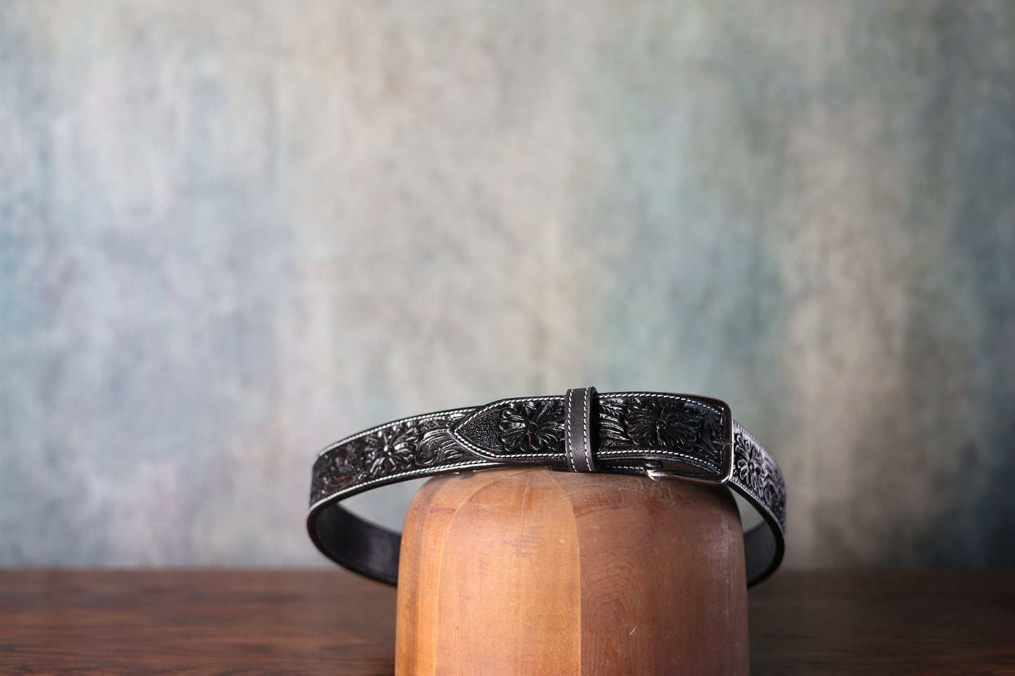 Texas Saddlery Hand Tooled Leather Black Floral Belt