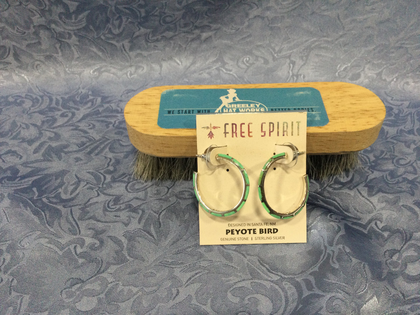 Photo of the Green Turquoise Hoops Free Spirit by Peyote Bird Earrings sold by Greeley Hat Works