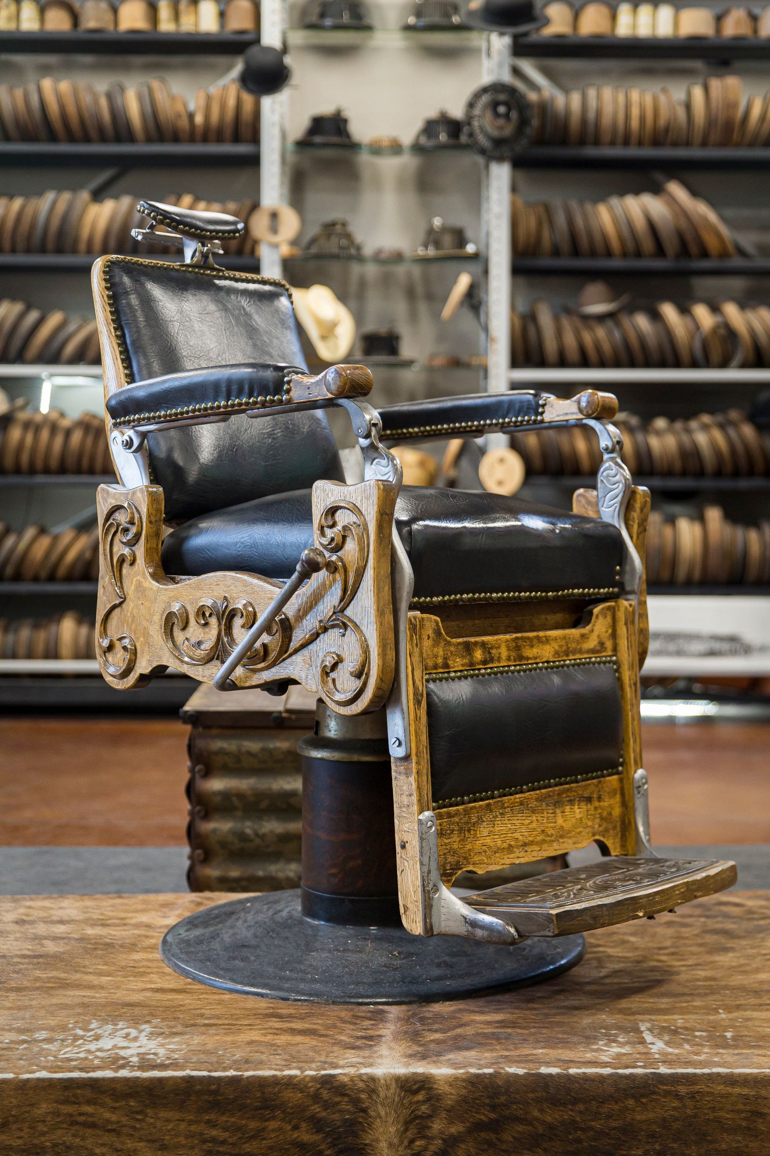 Photo of the original chair for custom cowboy hats at Greeley Hat Works