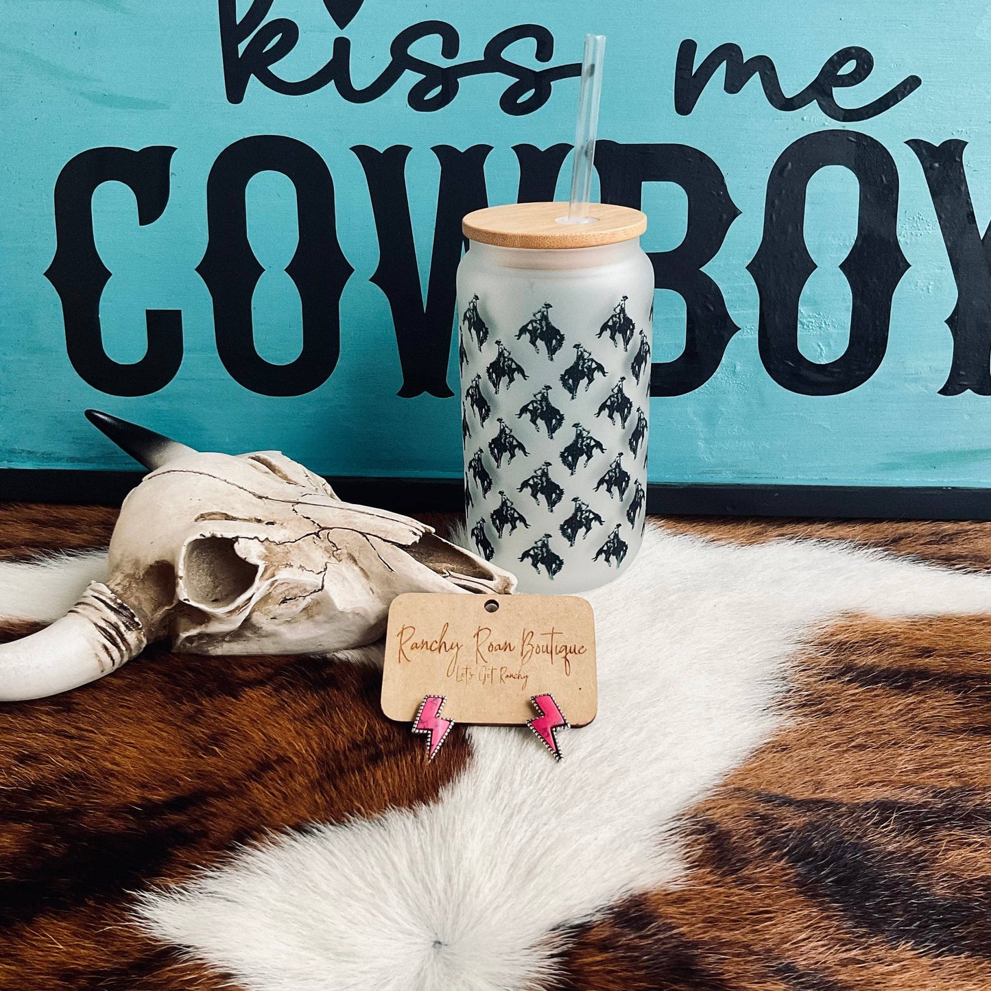 Rodeo Bronc Bucking Frosted Glass 16 oz Western Tumbler