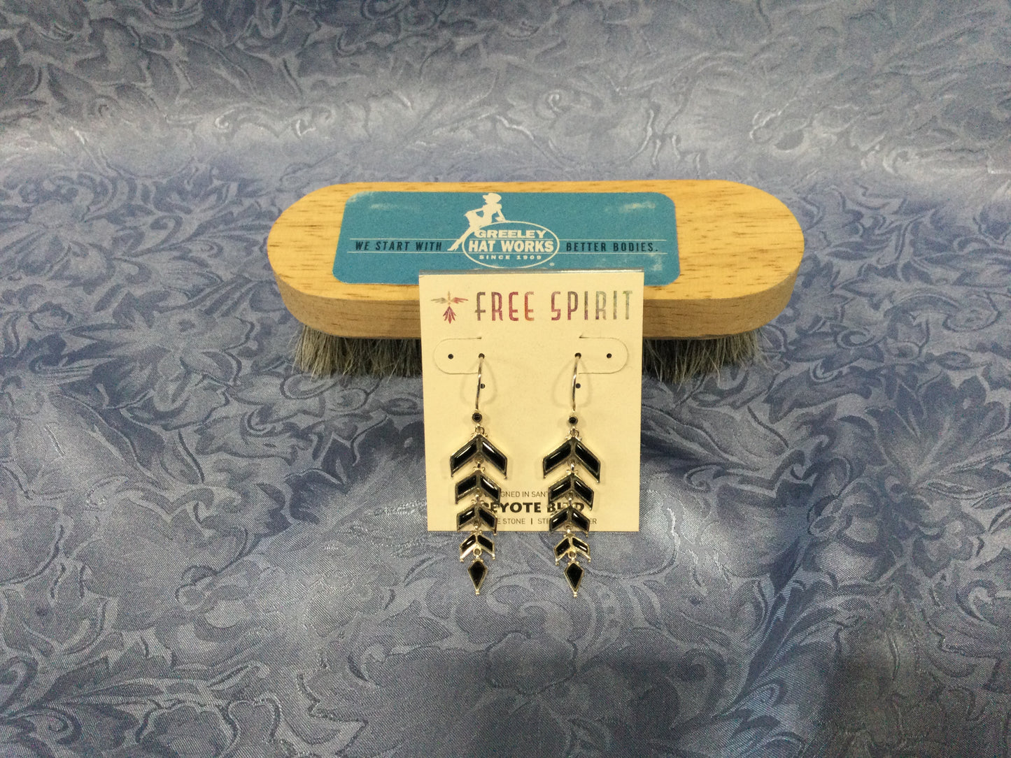 Photo of the Black Onyx Feathered Earrings from Free Spirit by Peyote Bird Earrings sold by Greeley Hat Works