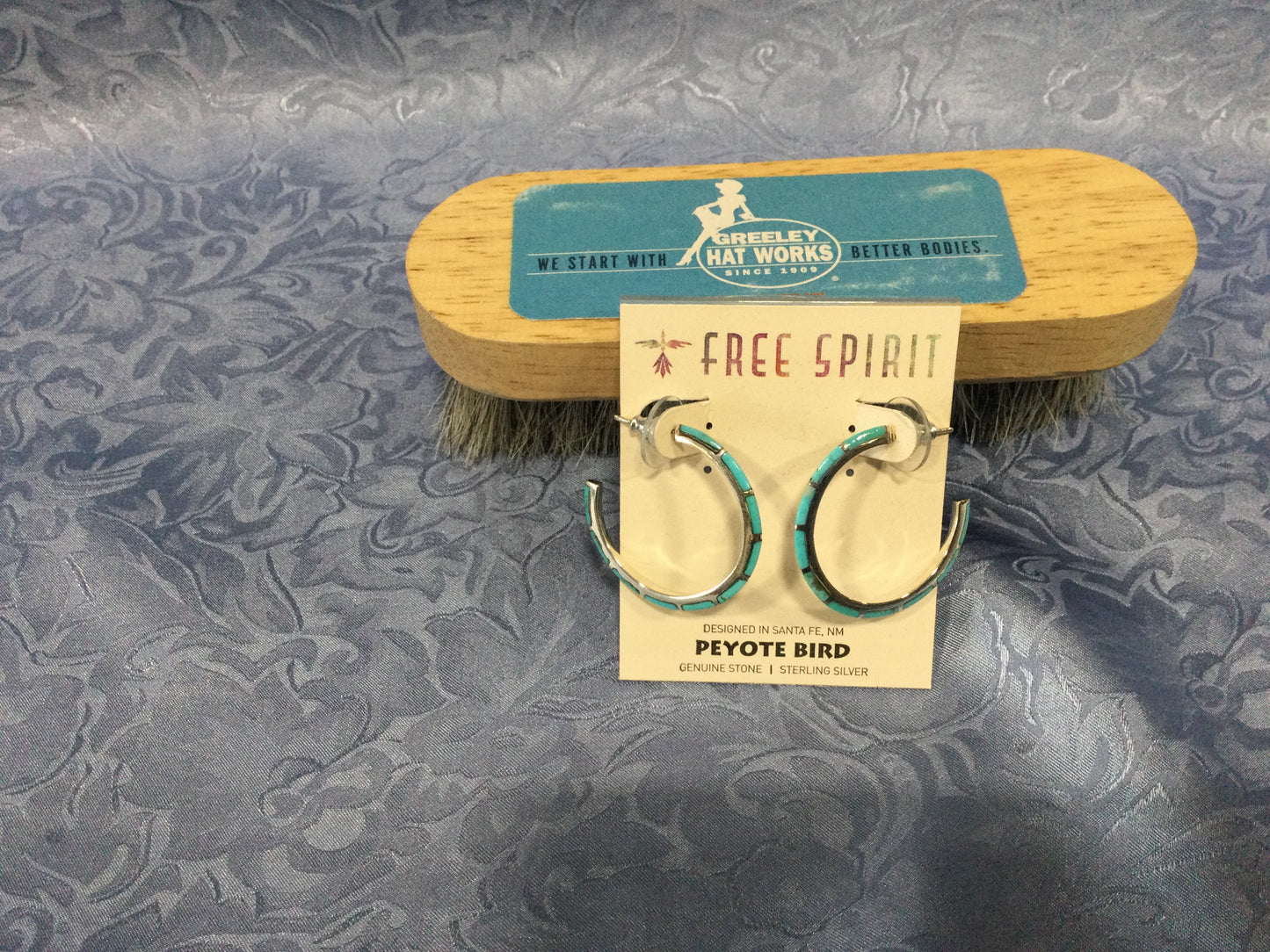 Photo of the Turquoise Hoops Free Spirit by Peyote Bird Earrings sold by Greeley Hat Works