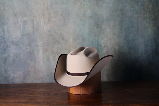 Photo of the NINE70 Crockett Fashion Hat from Greeley Hat Works with Buckskin Felt and contrasting ribbon edge and band