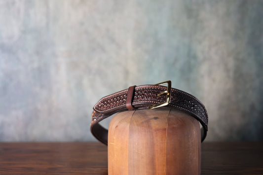 Texas Saddlery Hand Tooled Leather Chocolate Buckstitch Combo Belt