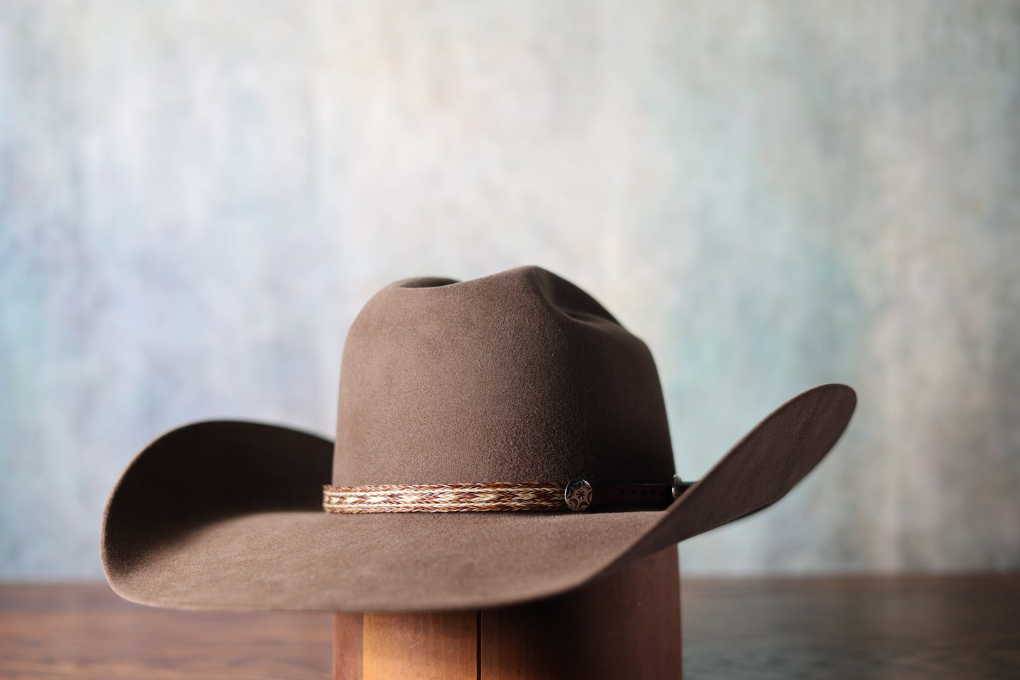 Photo of Horse Hair Band With Leather and Concho on a brown felt cowboy hat