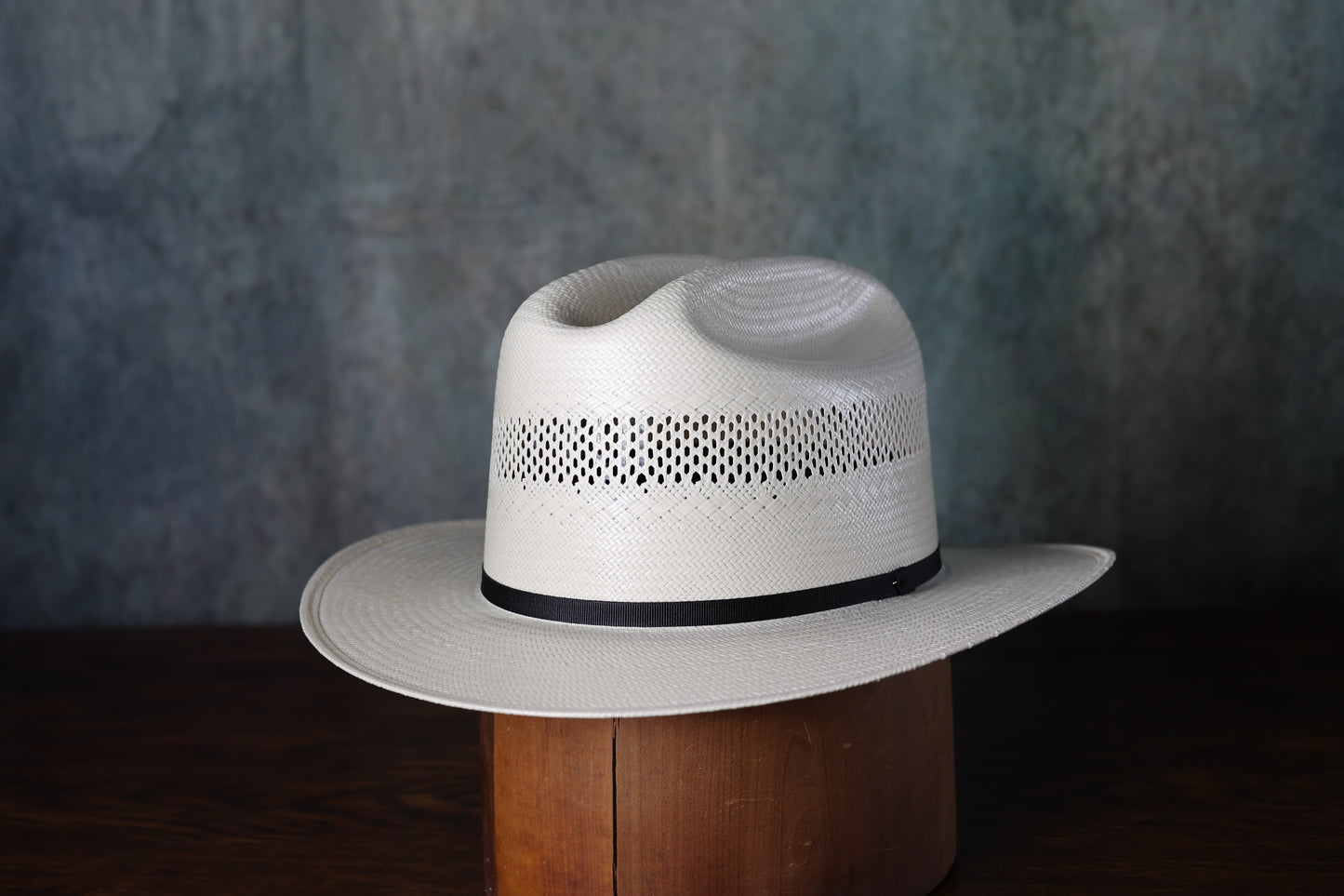 Photo of Shantung 30x Pre-Shape Johnson County straw hat from Greeley Hat Works from the side with simple black band