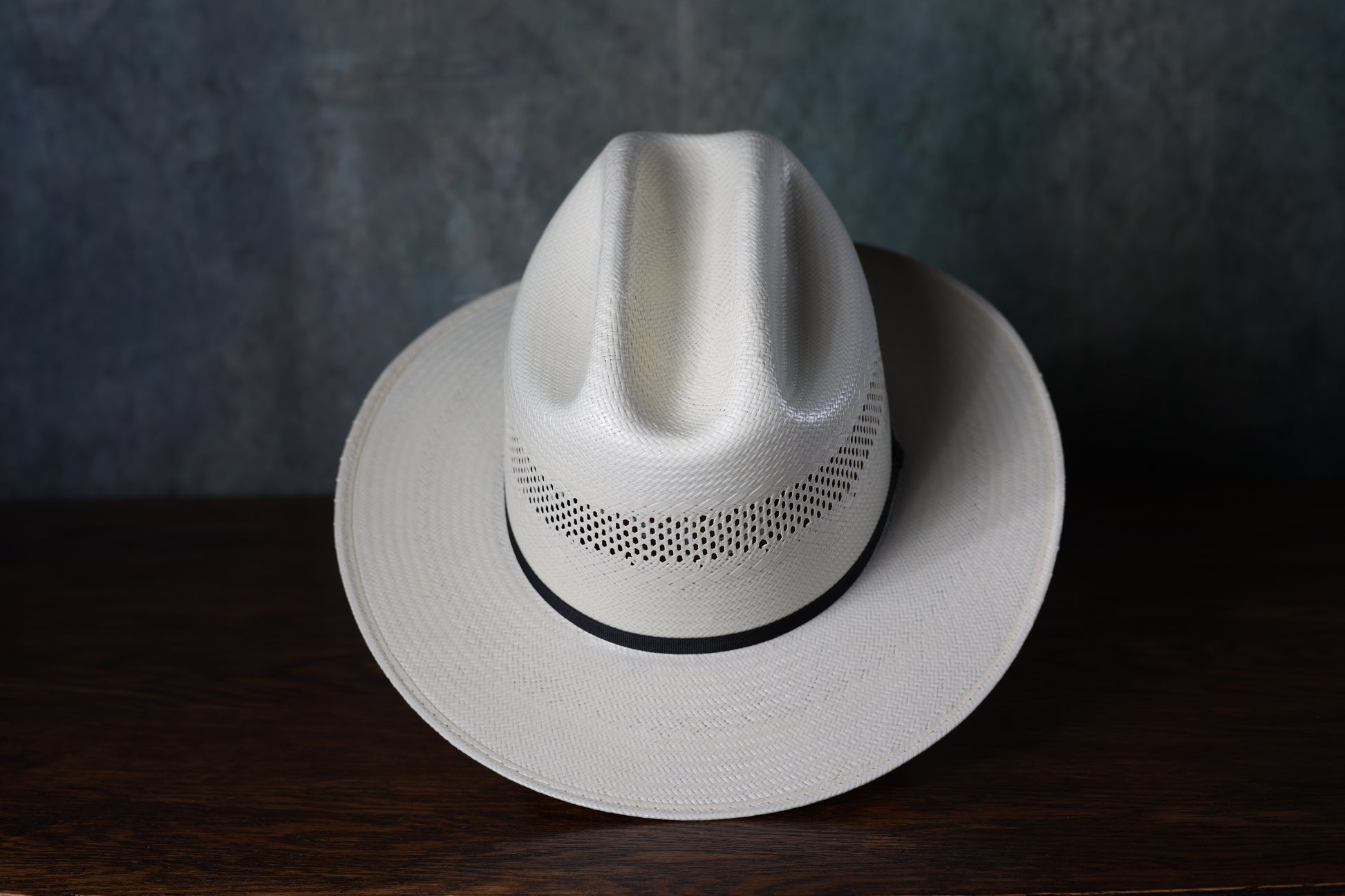 Photo of Shantung 30x Pre-Shape Johnson County straw hat from Greeley Hat Works from the top to show crown with simple black band