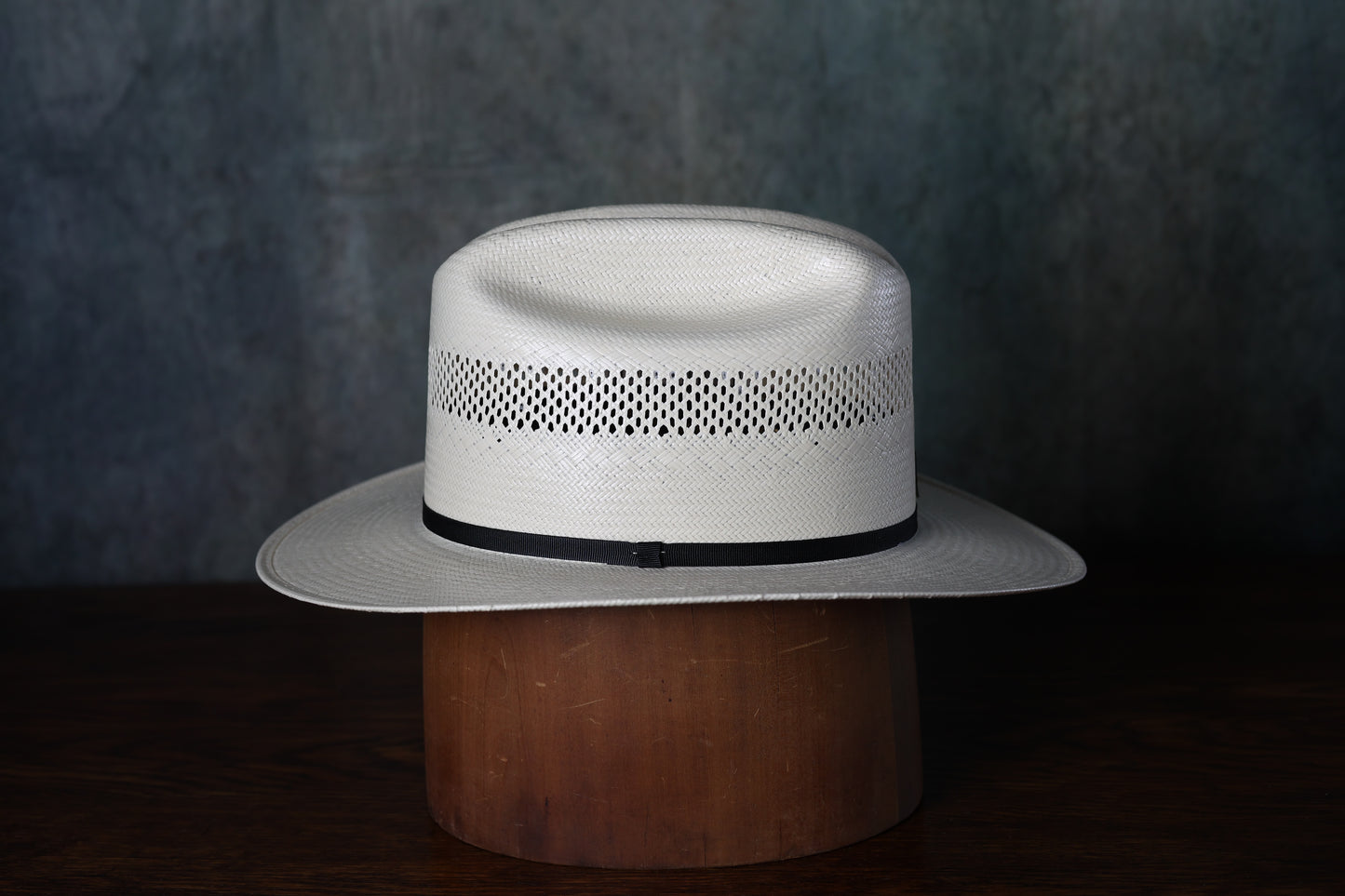 Photo of Shantung 30x Pre-Shape Johnson County straw hat from Greeley Hat Works from the side with simple black band
