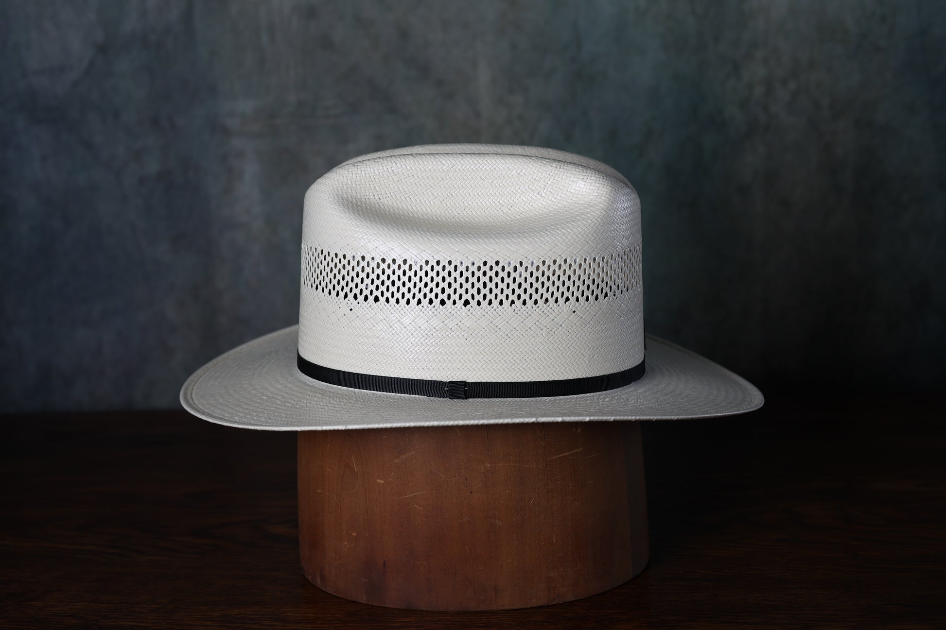 Photo of Shantung 30x Pre-Shape Johnson County straw hat from Greeley Hat Works from the side with simple black band