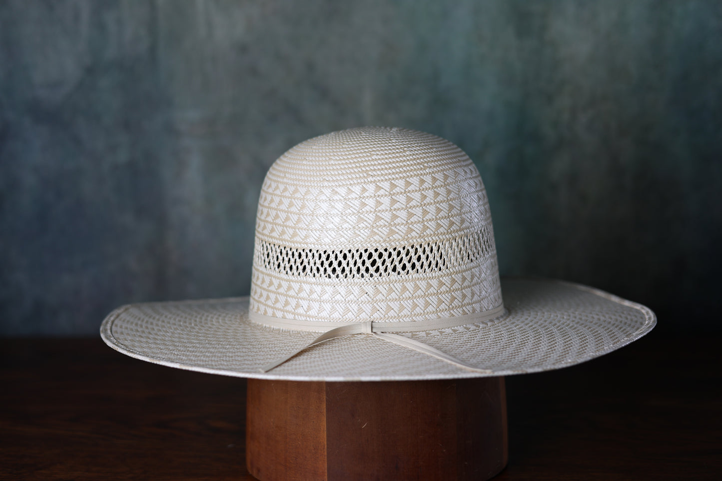 Photo of the Atwood Lubbock Open/Flat straw hat from Greeley Hat Works with a beige hat band