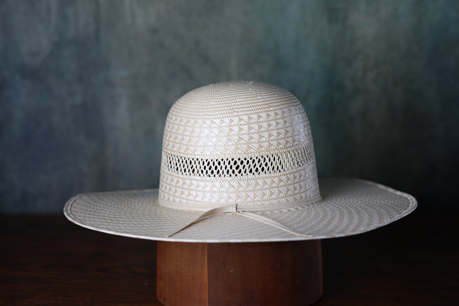 Photo of the Atwood Lubbock Open/Flat straw hat from Greeley Hat Works with a beige hat band