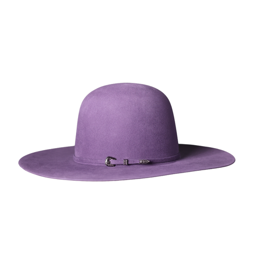 Photo of purple wide-brimmed hat with a decorative band on a white background, called the Greeley Hat Works Competitor Taffy Felt Hat