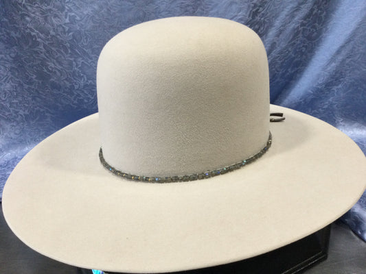 Photo of the Free Spirit by Peyote Bird Hat Band in Style #2 with grey beading on a plain buckskin hat