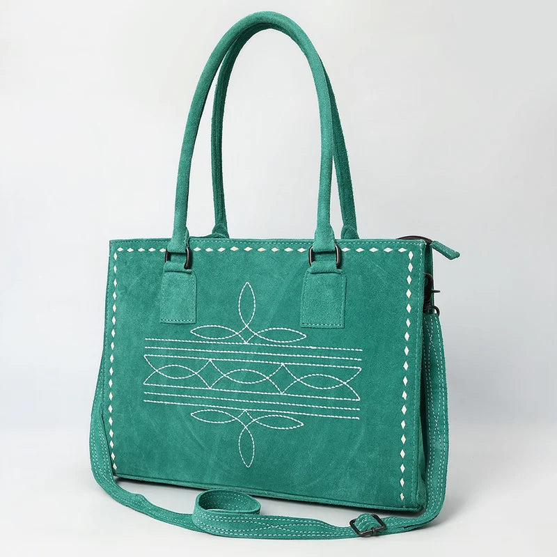 Photo of American Darling Western Genuine Suede Leather Tote Bag with Buck Stitching, a teal colored suede bag