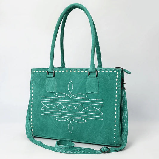 Photo of American Darling Western Genuine Suede Leather Tote Bag with Buck Stitching, a teal colored suede bag