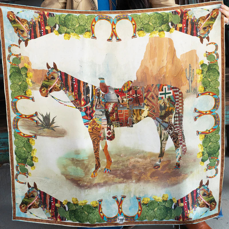 Colorful Fringe Scarves Wild Rag from Greeley Hat Works with a horse and desert landscape design held by two people.